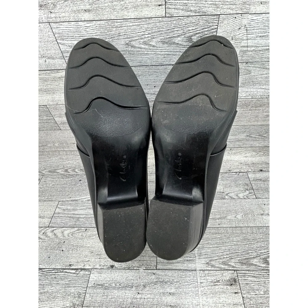 Clarks Collection Women Black Leather Slip On Block Heel Shoes Size‎ 9.5M